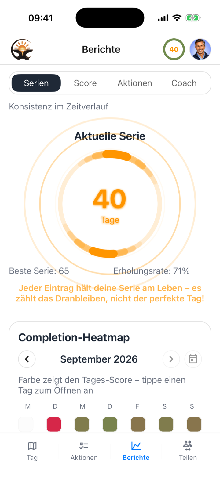 Berichte-Tab mit einem Serienring von 40 Tagen, bester Serie 65, Erholungsrate 71 % und dem Beginn der farbige Monatsübersicht