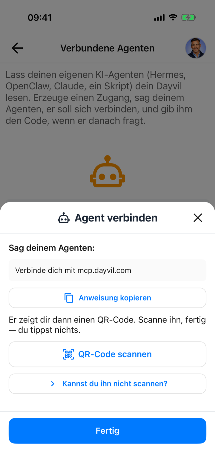 Blatt Agent verbinden mit der Anweisung Verbinde dich mit mcp.dayvil.com, dem Button Anweisung kopieren, dem Button QR-Code scannen und dem Link Kannst du ihn nicht scannen?