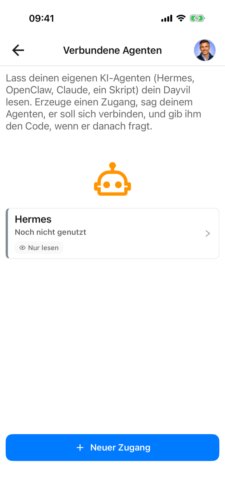 Liste Verbundene Agenten mit einem Agenten namens Hermes, markiert als Nur lesen, und dem Button Neuer Zugang