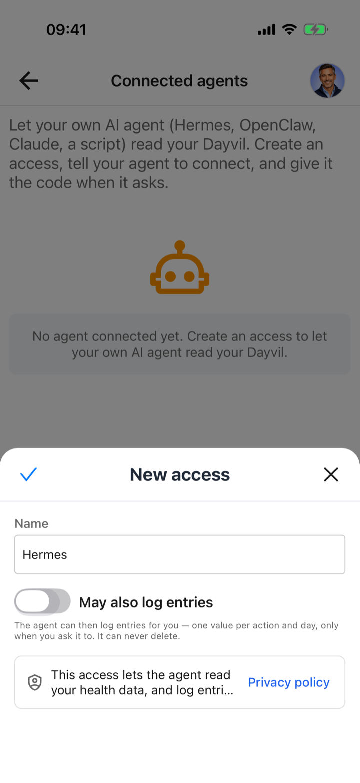 New access form with a Name field filled in with Hermes, a May also log entries switch and the data notice with a Privacy policy link