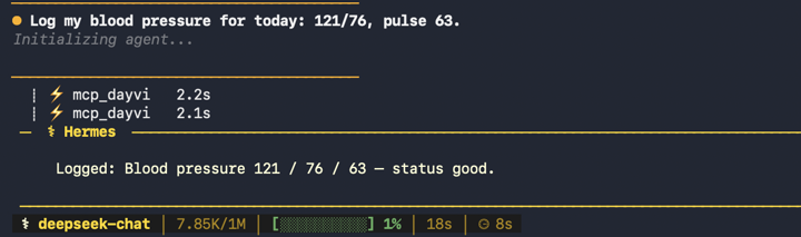 Hermes Agent told “Log my blood pressure for today: 121/76, pulse 63” replies that it logged the entry
