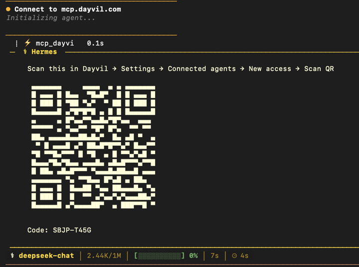Hermes Agent in a terminal: asked to connect to mcp.dayvil.com, it shows a QR code and the short code SBJP-T45G
